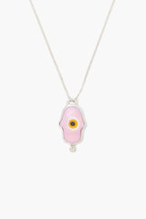 Pink Hamsa Hand With Diamond Silver Necklace