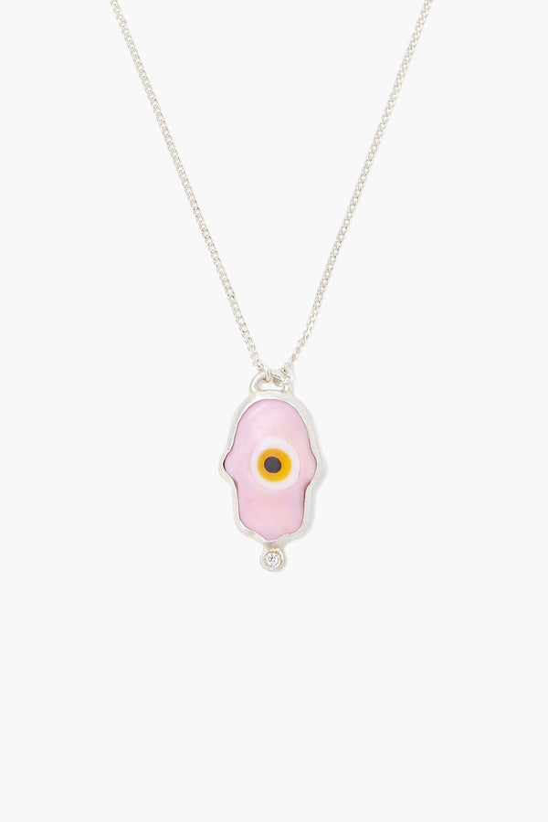 Pink Hamsa Hand With Diamond Silver Necklace