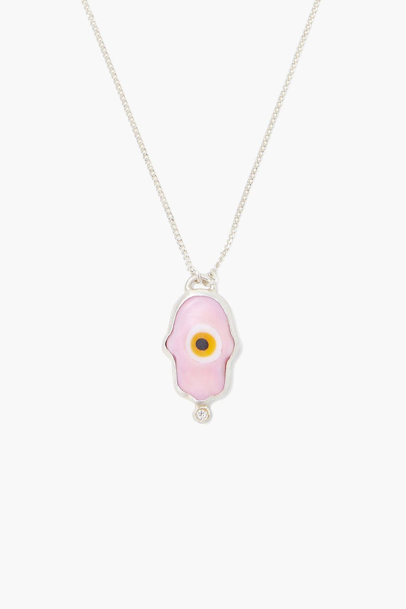 Pink Hamsa Hand With Diamond Silver Necklace