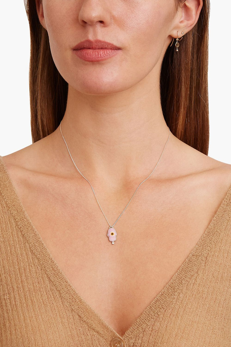 Pink Hamsa Hand With Diamond Silver Necklace